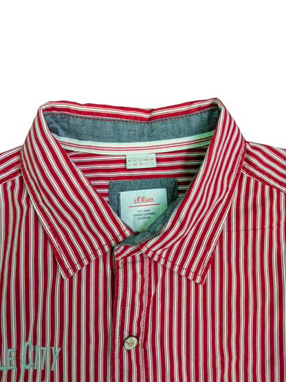 Vintage Red/White Vertically Striped Short Sleeve S.Oliver Shirt - Collar View 1