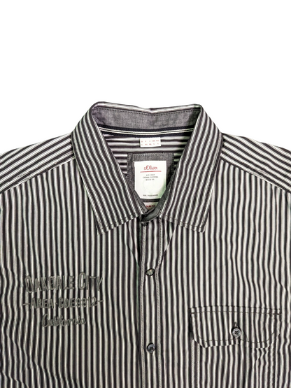 Vintage Black/White Vertically Striped Short Sleeve S.Oliver Shirt - Collar